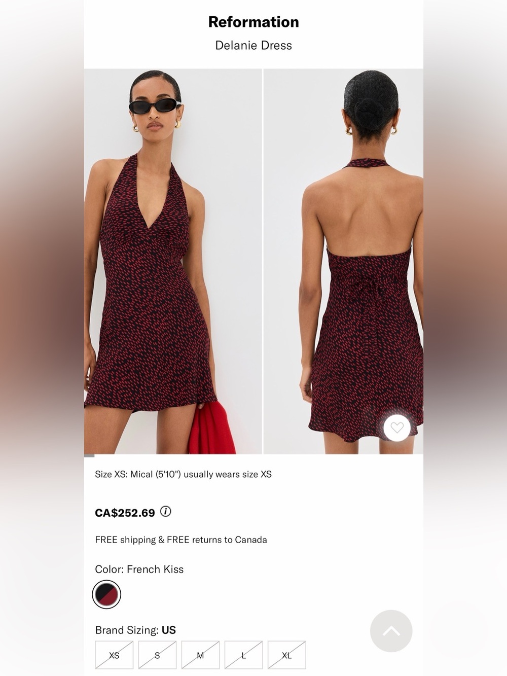Reformation Delanie Halter Mini Dress in French Kiss (Red/Black) Size Small